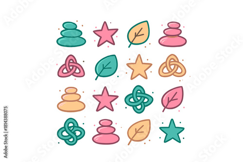 Colorful icons featuring stacked spa stones, organic leaves, stars, and abstract knot symbols