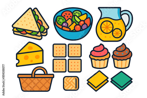Colorful collection of picnic food icons including sandwich fruit salad cheese and basket