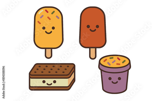Cute set of frozen desserts including popsicles, ice cream sandwich, and sweet cup