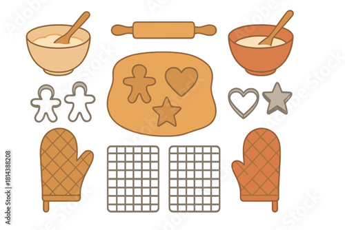 Essential kitchen tools and ingredients for baking cookies including dough, rolling pin, and cutters
