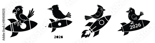 funny bird riding rocket silhouette funny vector illustration