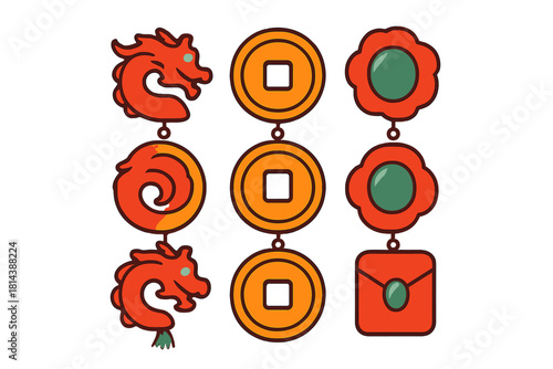 Traditional Chinese New Year lucky charms set with dragons, ancient coins, and decorative ornaments