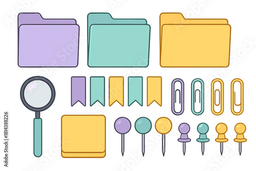 Colorful collection of essential office supplies stationery and organization items