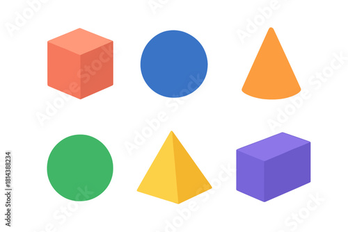 Colorful set of basic geometric shapes including cube sphere cone pyramid and cuboid