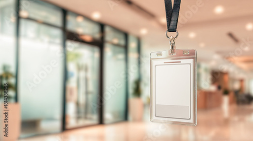 Blank identification badge hanging on a lanyard in a modern office building hallway with glass doors and plants