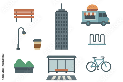 Flat design urban infrastructure set featuring street amenities and transportation elements