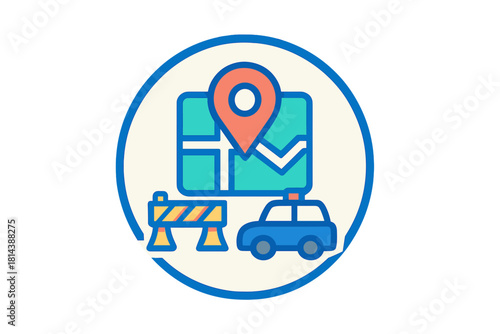 Road closure incident location marked on navigation map with police car and barrier sign