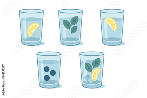Five glasses of refreshing detox water infused with lemon, mint, and blueberries