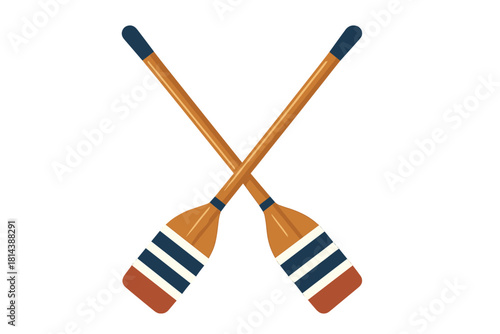 Crossed wooden rowing oars with nautical blue and white stripes for water sports and boating