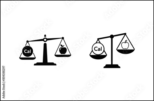 Dietary balance concept illustrated by scales weighing calories against a healthy food silhouette