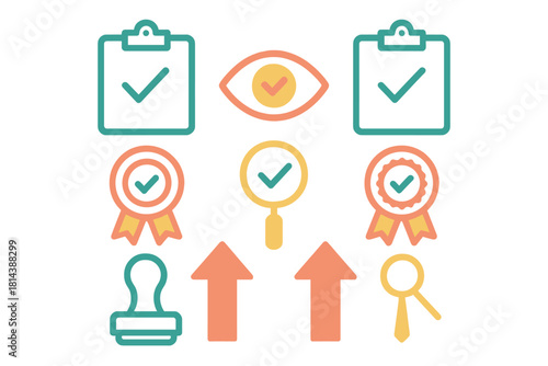 Collection of business icons showing success, quality control, verification, approval, and progress symbols