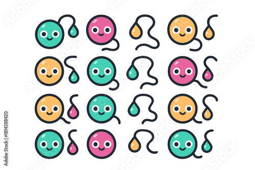 Seamless repeating pattern of abstract round faces and colorful teardrop shapes