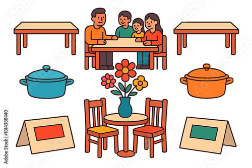 Dining and restaurant objects set with family eating, tables, chairs, cooking pots, and menu cards