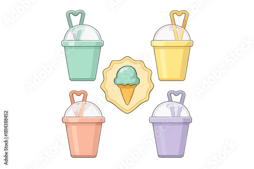 Pastel reusable cups with heart handles and a central ice cream cone graphic