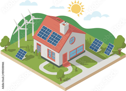 Isometric eco house with solar panels wind turbines renewable energy system sustainable green home illustration for clean power environmental design