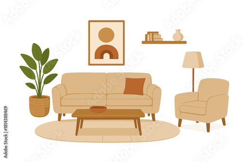 Stylish modern living room setup with comfortable couch armchair floor lamp and abstract wall art