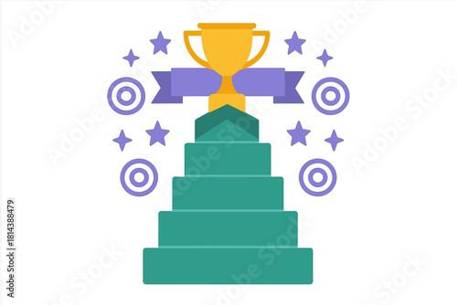 Golden trophy cup on a tiered pedestal surrounded by stars and abstract decorative elements