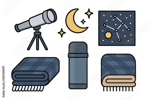 Nighttime astronomy and stargazing icons set featuring telescope, constellation, moon, thermos, and blankets