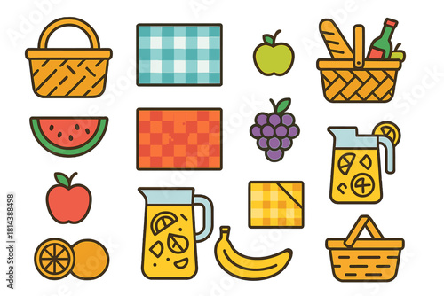 Colorful set of summer picnic elements featuring wicker baskets, checkered blankets, fresh fruits, and pitchers of lemonade
