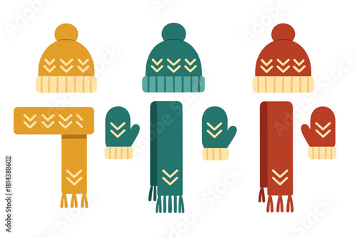 Collection of colorful knitted winter hats, scarves, and mittens accessories