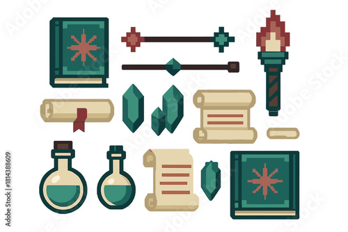 Magical fantasy game assets collection featuring spell books, scrolls, potions, crystals, and a torch