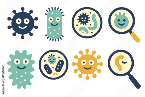 Smiling cartoon germs, bacteria, and viruses with microscopic views and magnifying glass