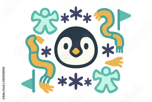 Playful graphic of a cute penguin head surrounded by abstract winter elements and snowflakes