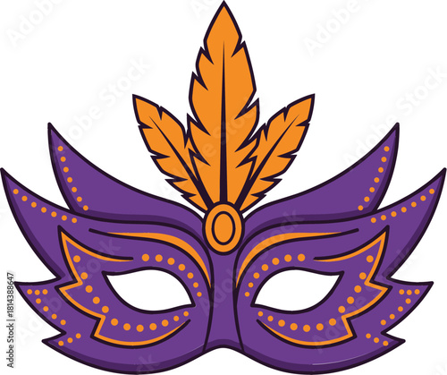 Vibrant Cartoon Mardi Gras Mask Vector Illustration in Traditional Purple and Gold, Decorated with Ornate Feathers and Glittering Dots, Perfect for Carnival and Masquerade Party Designs.