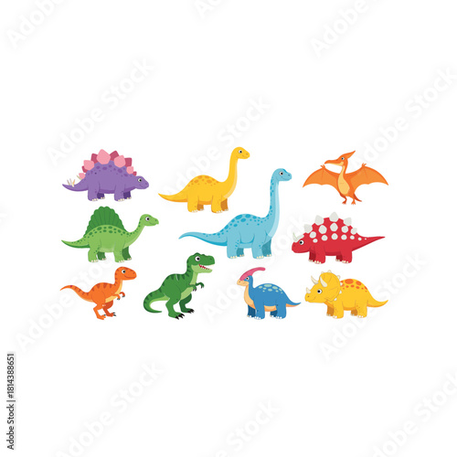 Large Collection of Cute Cartoon Dinosaur Vector Illustrations in Bright Colors, Featuring T-Rex, Stegosaurus, Brontosaurus, and Pterodactyl for Kids' Educational Designs and Prints.