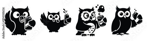 funny owl drinking soda silhouette funny vector illustration