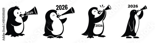 funny penguin blowing horn silhouette funny vector illustration
