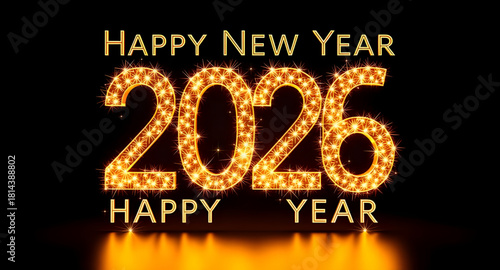 new, year, 2026, greeting, card, classic, refined, metallic, glowing, gold, fireworks, stars, confetti, glitter, background, layout, poster, template, border, frame, typography, lettering, calligraphy