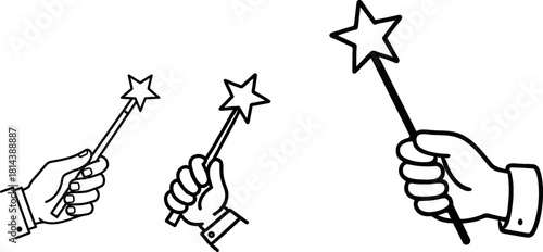 Three hands holding star topped magic wands in a simple silhouette style