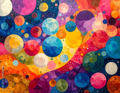 A vibrant and dynamic abstract painting featuring a multitude of colorful circles