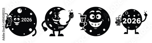 goofy moon holding drink silhouette funny vector illustration