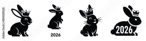 happy rabbit wearing crown silhouette funny vector illustration