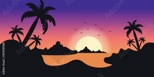 sunset on the beach coconut tree with mountain and river vector poster