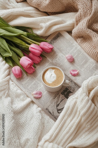 Coffee and Tulips Create a Cozy Scene in Soft Light on a Wool Blanket During ...
