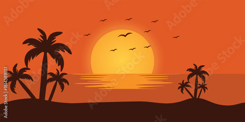 Surfer girl with surfboard at tropical beach sunset with palm trees illustration