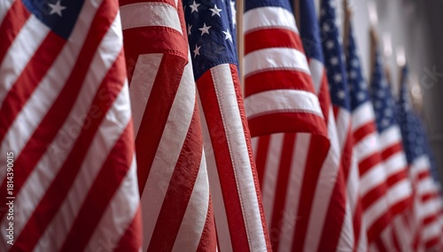 Display of American Flags in a Row at a Public Event Celebrating Patriotism a...