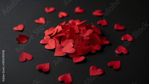 Colorful Red Heart Confetti Scattered on a Dark Background Creating a Festive...