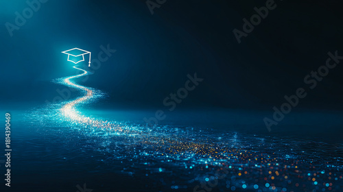 Digital education path leading to graduation cap symbolizing knowledge growth and online learning success