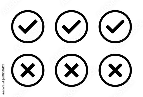 Check and cross mark icon set in circular outline. Tick and X symbol