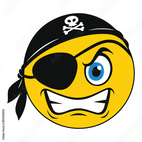 Pirate Emoji Clipart – Cartoon Yellow Face with Eye Patch, Skull Bandana & Fierce Expression