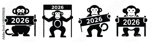 monkey holding 2026 banner silhouette funny vector illustration