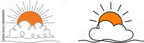 Two stylized sunsets or sunrises are depicted as orange silhouettes over clouds