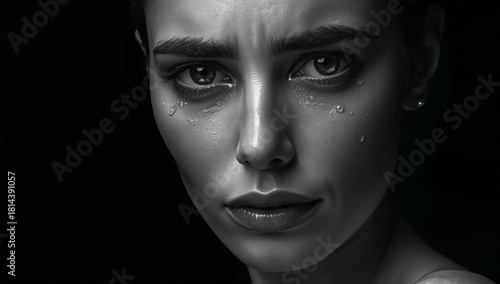 Emotional Expression Captured Through Black and White Portrait of a Woman Wit...