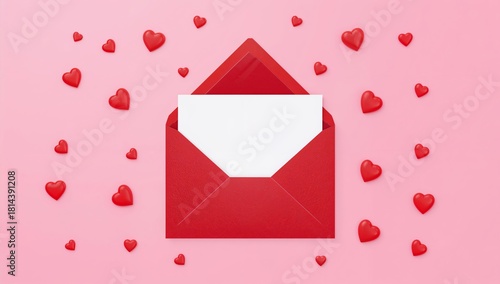 Red Envelope With Blank Card and Heart Decorations on Pink Background for Rom...