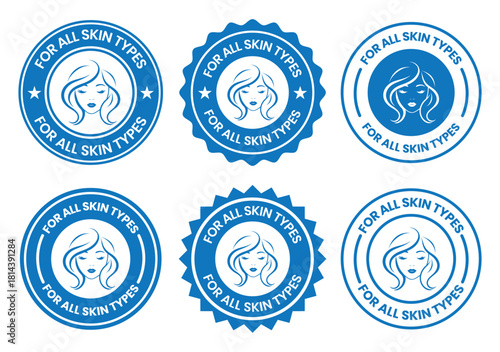 For all skin types label icon set. Face beauty women skin care packaging label for cream, toner, moisturizer, facial mask, lotion, logo, badge, symbol, black, line vector, isolated on white background