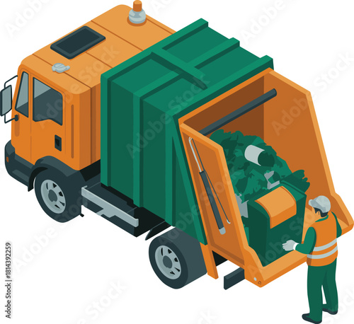 Isometric garbage truck with sanitation worker loading waste, recycling collection vehicle illustration for city cleaning, waste management and environmental services artwork